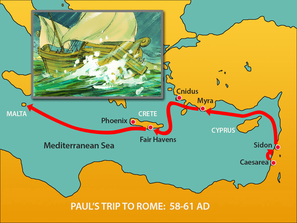 This map can be used in telling the story of Paul's Trip to Rome (and Shipwreck) Acts 27:1-28:16